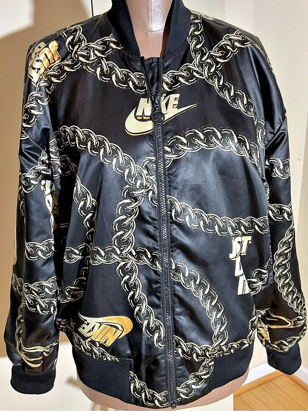 Nike Sportswear Chain Print Bomber Jacket Black & Gold Medium Like New